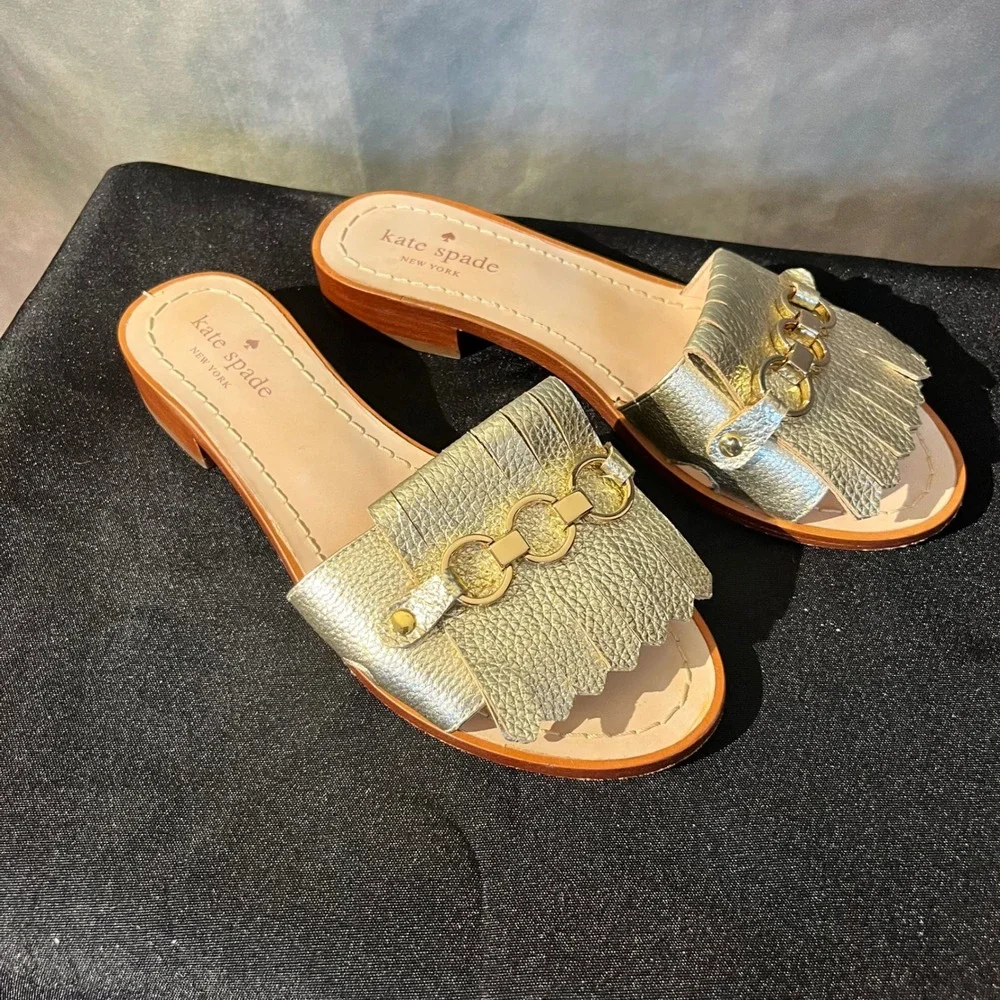 Kate Spade Brie GoldLeather Fringe Chain Slide Sandals Mules‎ Women's Size 6.5M